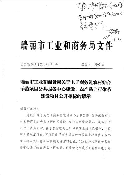 關于瑞麗市電子商務進農村綜合示范項目公共服務中心及農產品上行體系建設項目公開招標工作暨選定招投標代理服務的請示